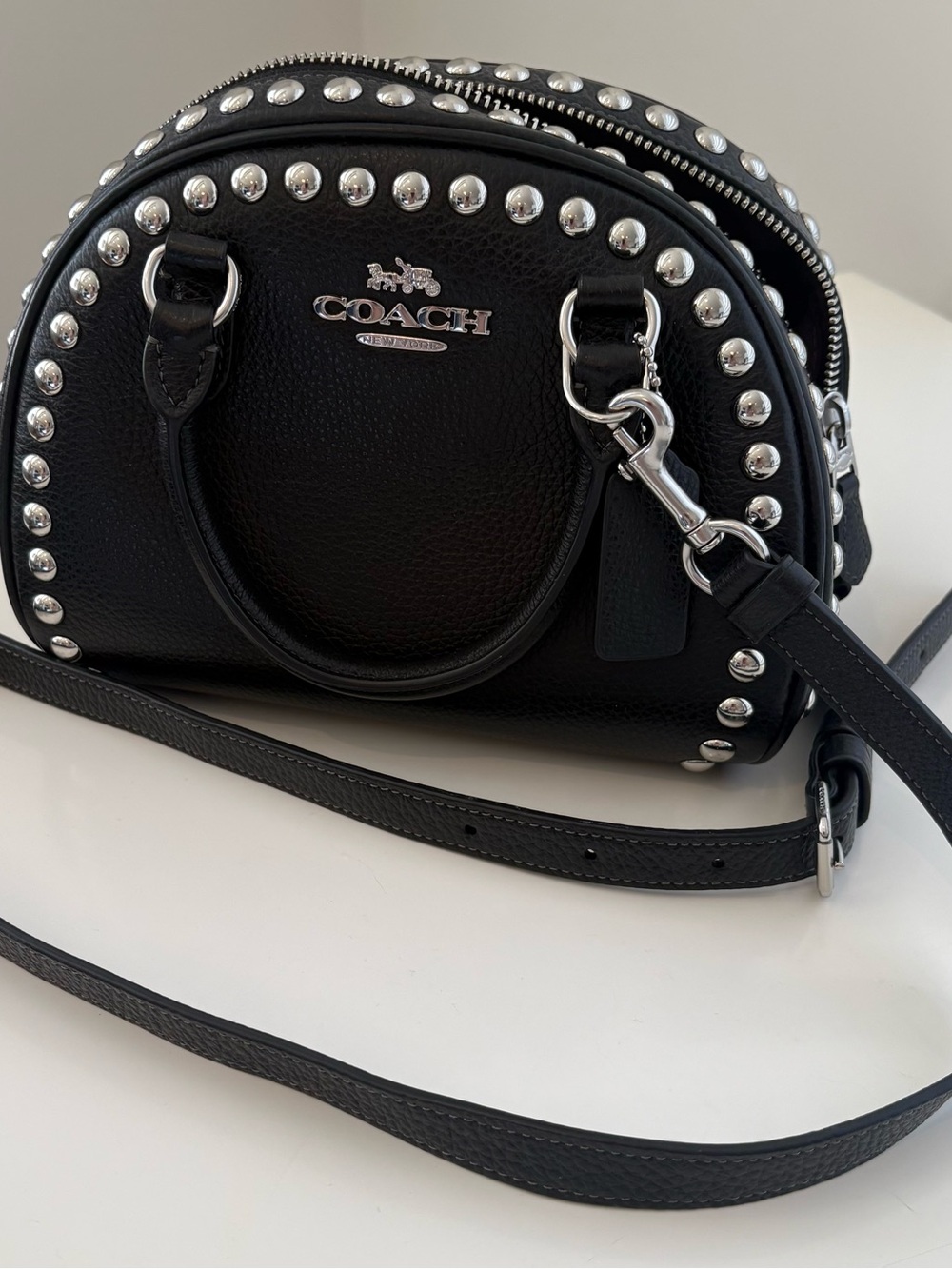 Coach Black Studded Leather Dome Satchel - Signature Logo